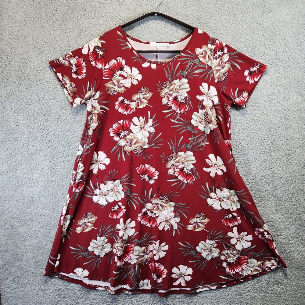 JollieLovin Floral Print Short Sleeve Tunic Top Womens 3X Red White Cottagecore